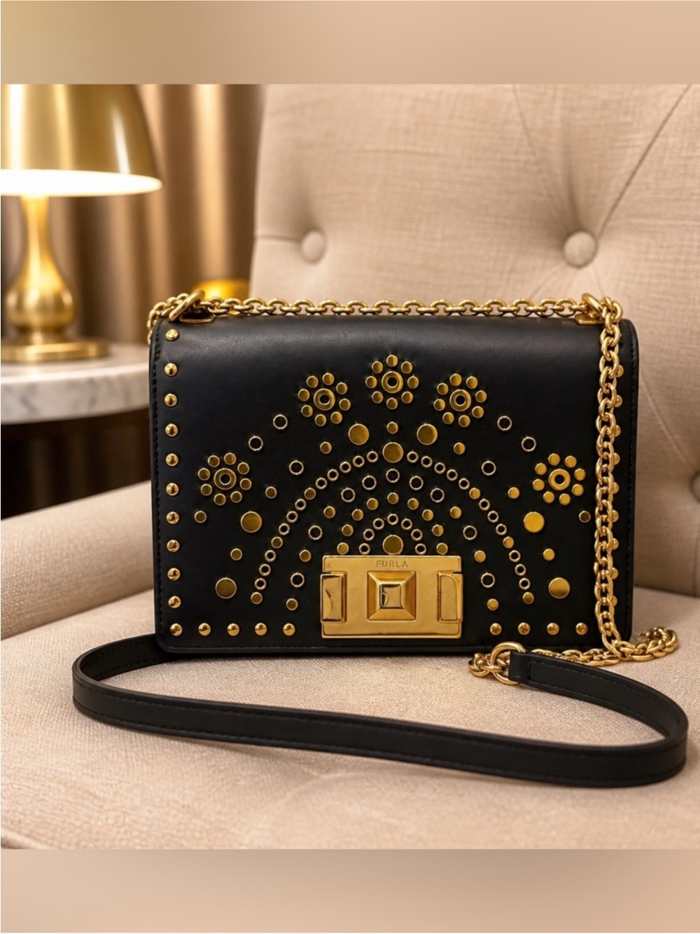 Furla Black Leather Crossbody Bag with Gold Stud Detailing